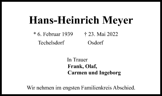 Traueranzeige von Hans-Heinrich Meyer von Kieler Nachrichten