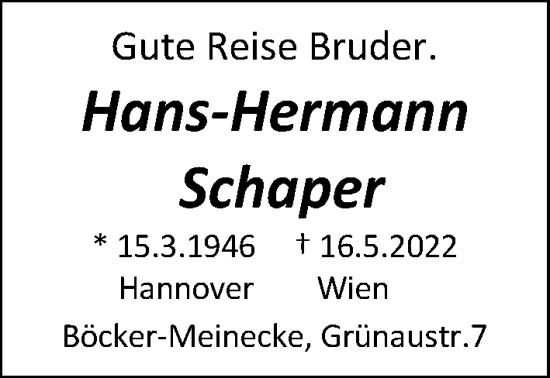Traueranzeige von Hans-Hermann Schaper von Hannoversche Allgemeine Zeitung/Neue Presse