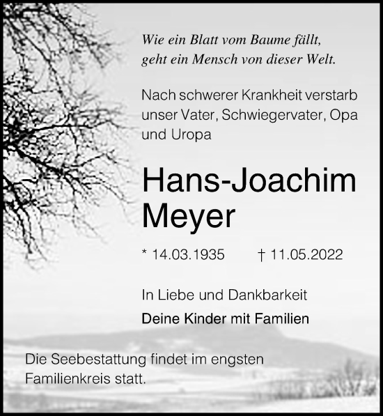 Traueranzeige von Hans-Joachim Meyer von Ostsee-Zeitung GmbH