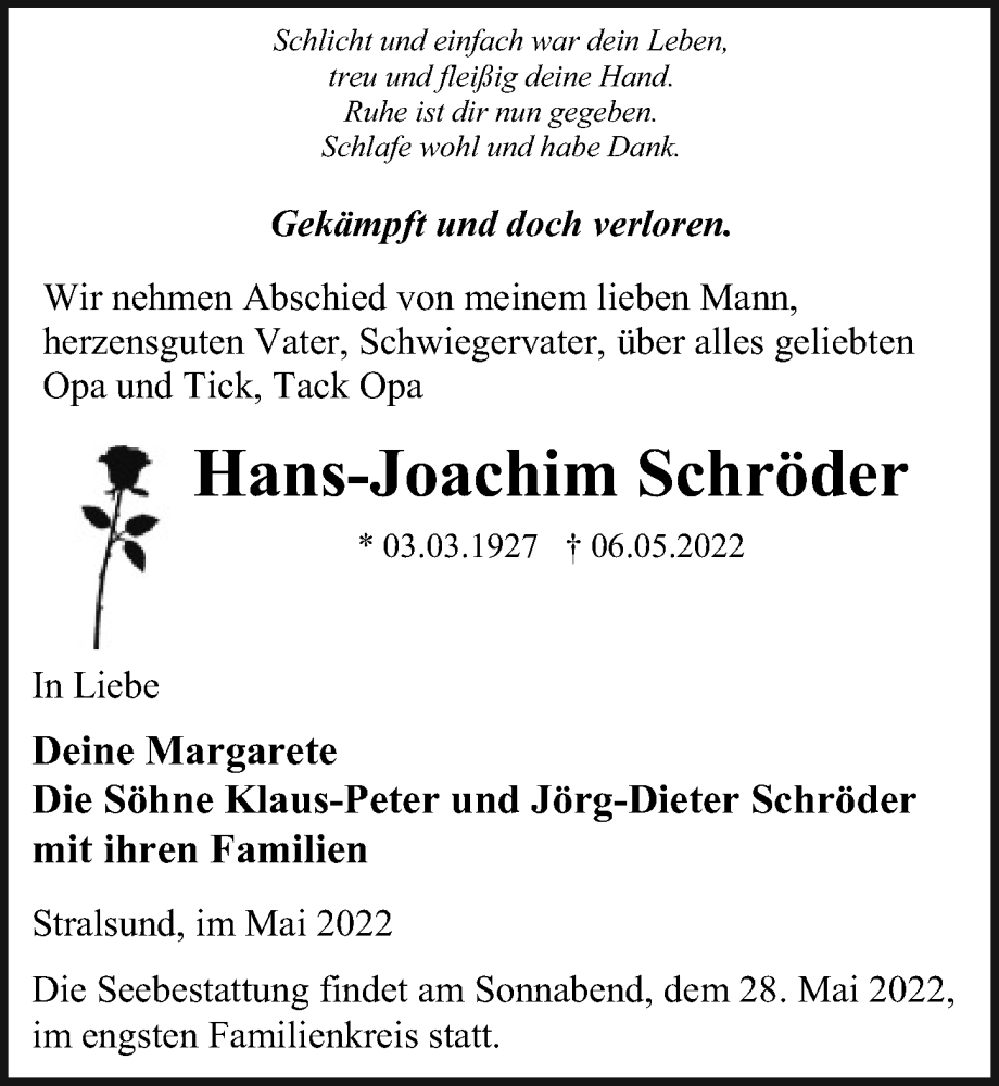  Traueranzeige für Hans-Joachim Schröder vom 14.05.2022 aus Ostsee-Zeitung GmbH