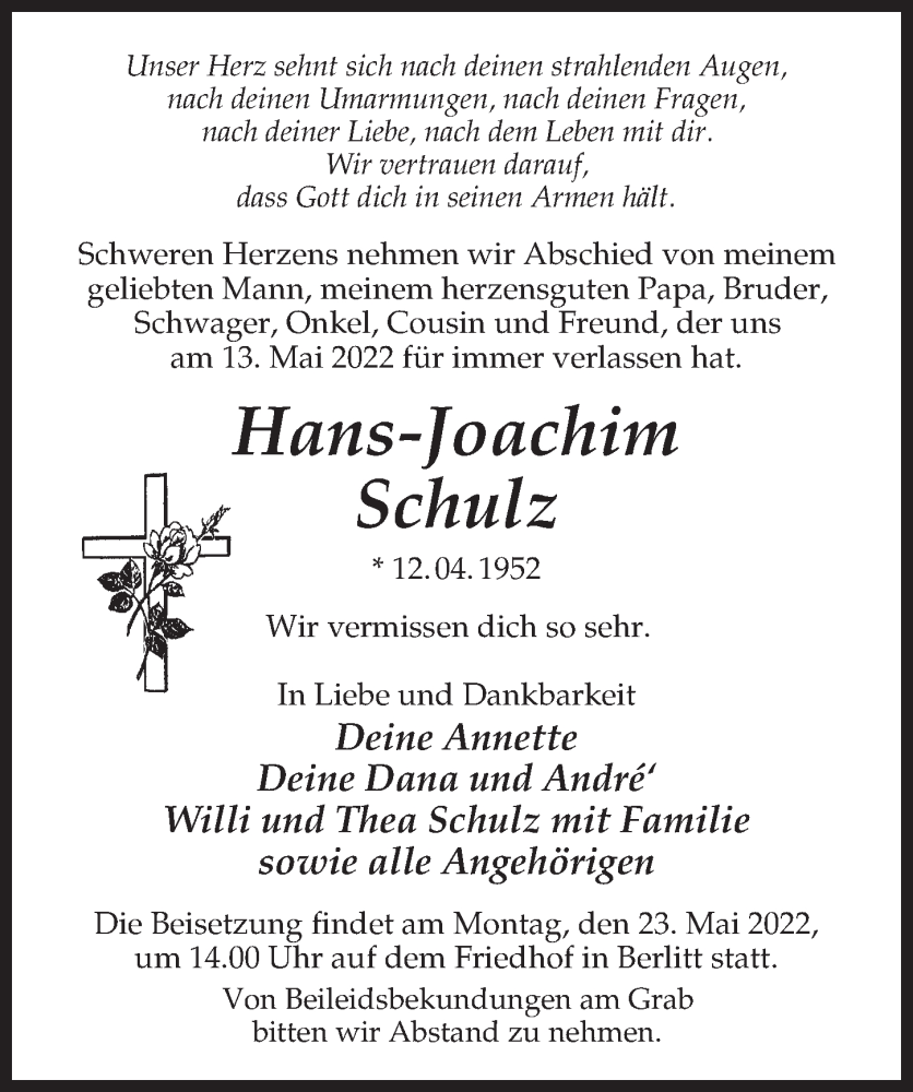  Traueranzeige für Hans-Joachim Schulz vom 18.05.2022 aus Märkischen Allgemeine Zeitung