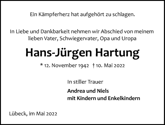Traueranzeige von Hans-Jürgen Hartung von Lübecker Nachrichten