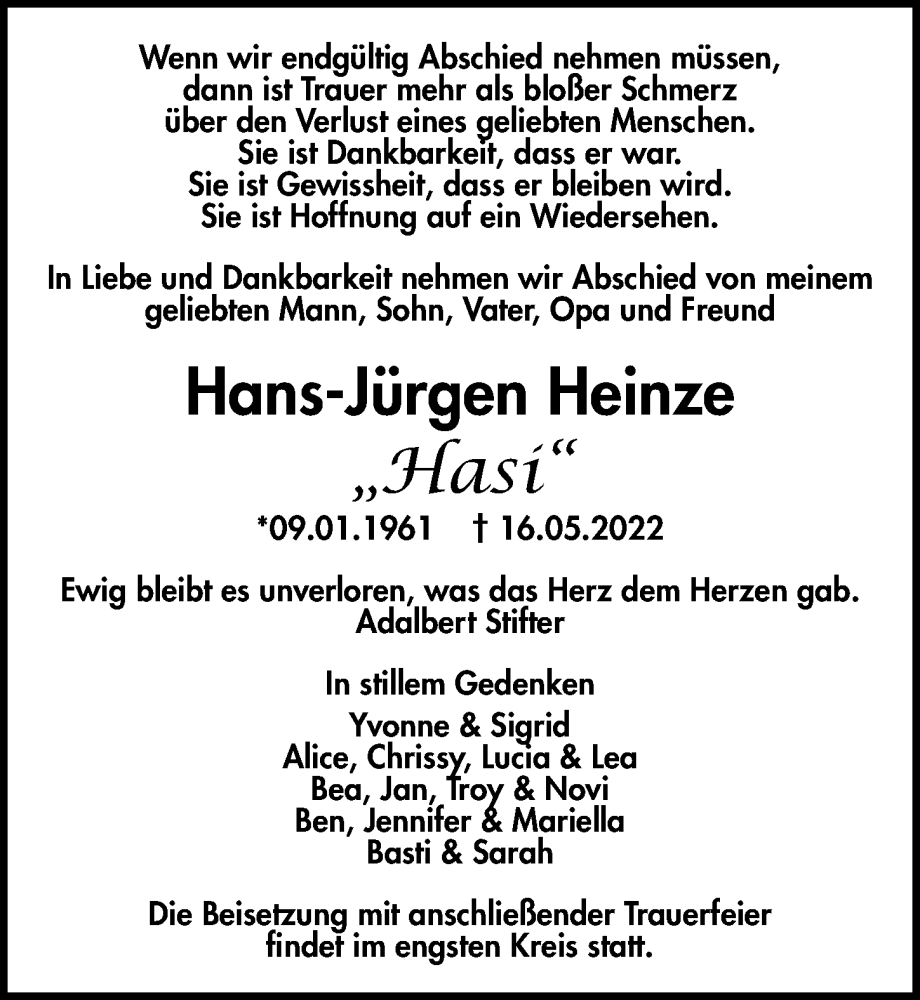  Traueranzeige für Hans-Jürgen Heinze vom 28.05.2022 aus Märkischen Allgemeine Zeitung
