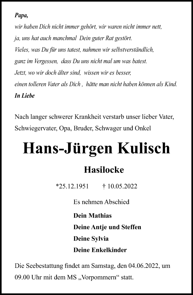  Traueranzeige für Hans-Jürgen Kulisch vom 14.05.2022 aus Ostsee-Zeitung GmbH