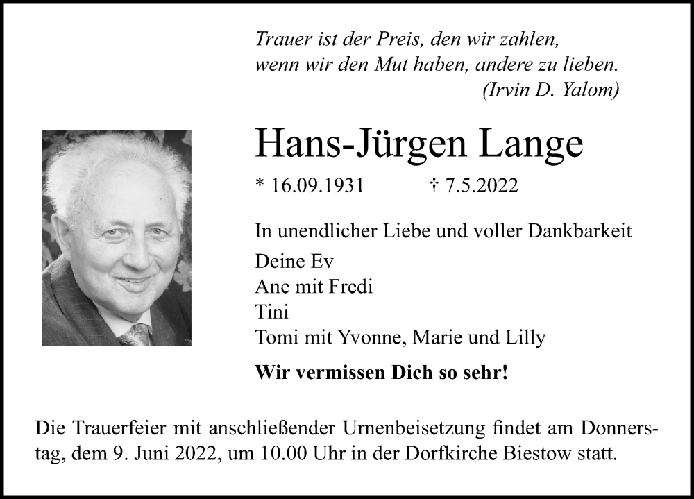  Traueranzeige für Hans-Jürgen Lange vom 21.05.2022 aus Ostsee-Zeitung GmbH