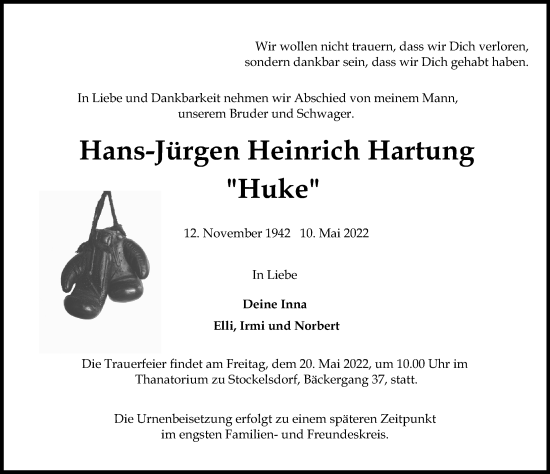Traueranzeige von Hans-Jürgen Heinrich Hartung von Lübecker Nachrichten