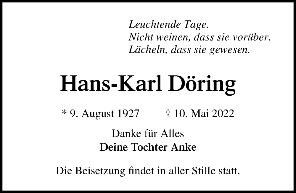  Traueranzeige für Hans-Karl Döring vom 15.05.2022 aus Lübecker Nachrichten