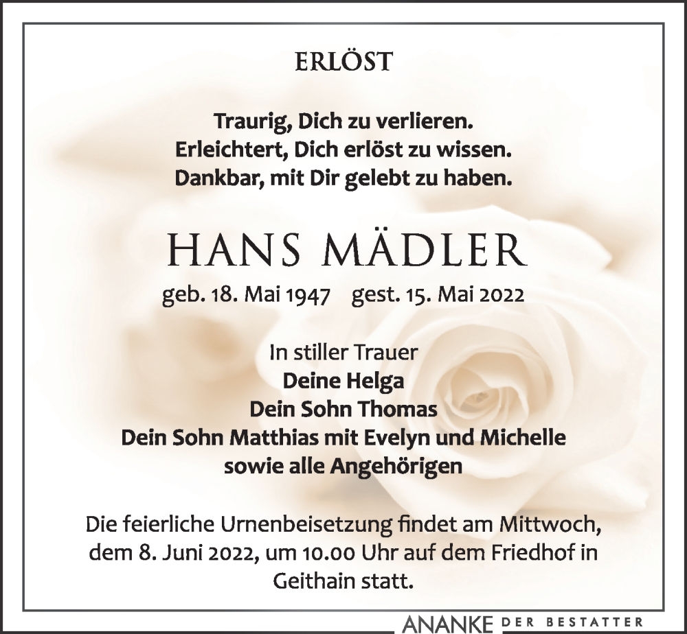 Traueranzeige für Hans Mädler vom 28.05.2022 aus Leipziger Volkszeitung