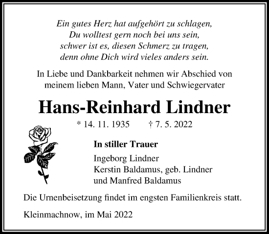 Traueranzeige von Hans-Reinhard Lindner von Märkischen Allgemeine Zeitung