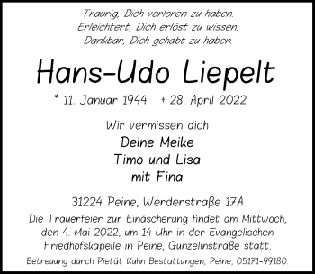 Traueranzeige von Hans-Udo Liepelt von Peiner Allgemeine Zeitung