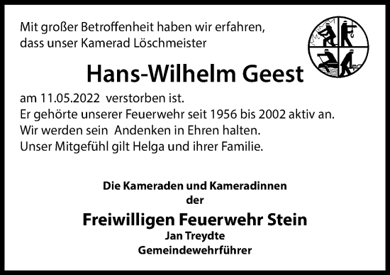 Traueranzeige von Hans-Wilhelm Geest von Kieler Nachrichten