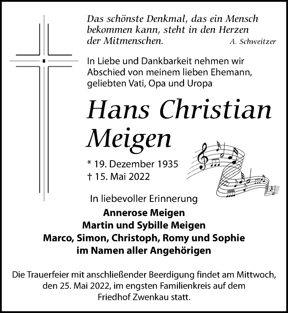  Traueranzeige für Hans Christian Meigen vom 21.05.2022 aus Leipziger Volkszeitung