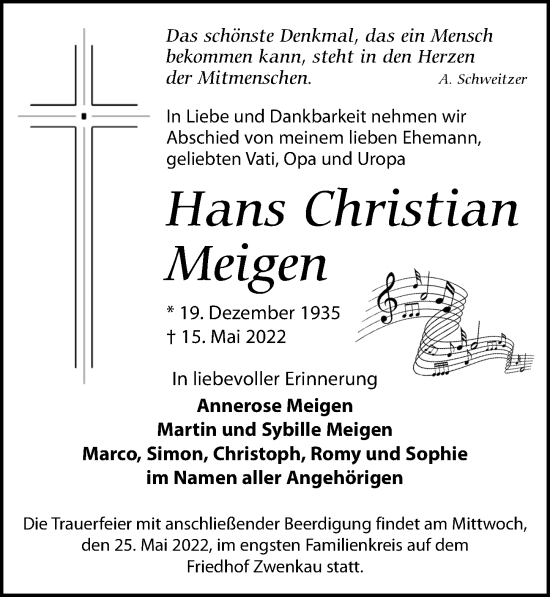 Traueranzeige von Hans Christian Meigen von Leipziger Volkszeitung