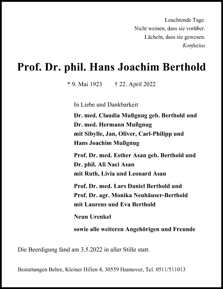  Traueranzeige für Hans Joachim Berthold vom 07.05.2022 aus Hannoversche Allgemeine Zeitung/Neue Presse