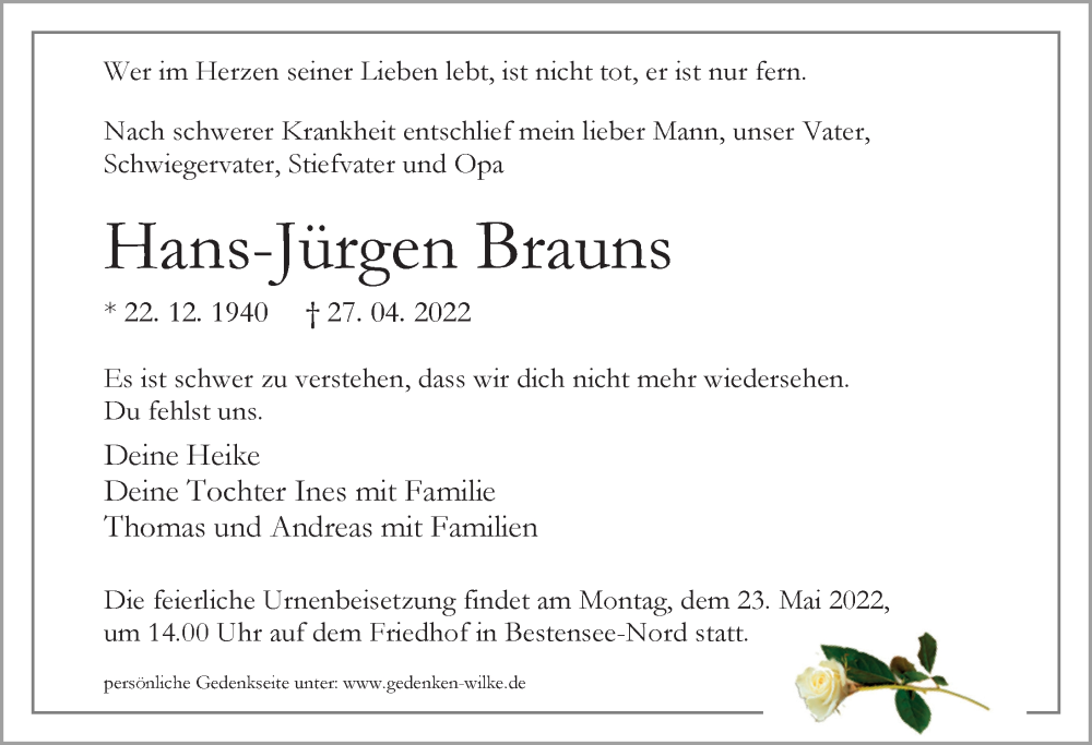  Traueranzeige für Hans Jürgen Brauns vom 07.05.2022 aus Märkischen Allgemeine Zeitung