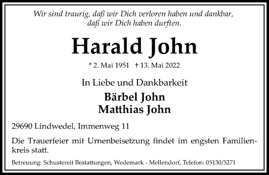 Traueranzeige von Harald John von Hannoversche Allgemeine Zeitung/Neue Presse