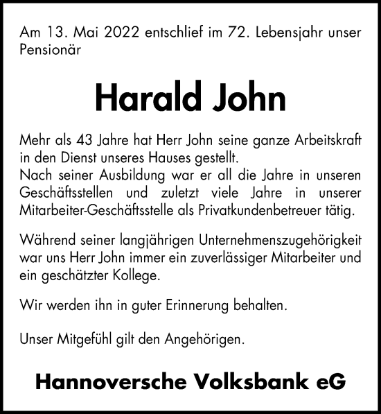 Traueranzeige von Harald John von Hannoversche Allgemeine Zeitung/Neue Presse