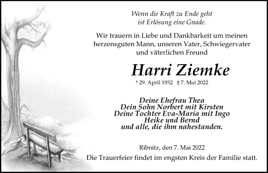 Traueranzeige von Harri Ziemke von Ostsee-Zeitung GmbH