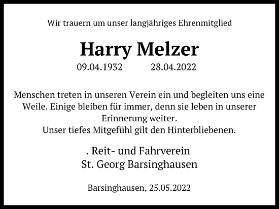 Traueranzeige von Harry Melzer von Hannoversche Allgemeine Zeitung/Neue Presse