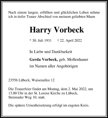 Traueranzeige von Harry Vorbeck von Lübecker Nachrichten