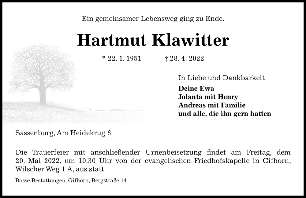  Traueranzeige für Hartmut Klawitter vom 14.05.2022 aus Aller Zeitung