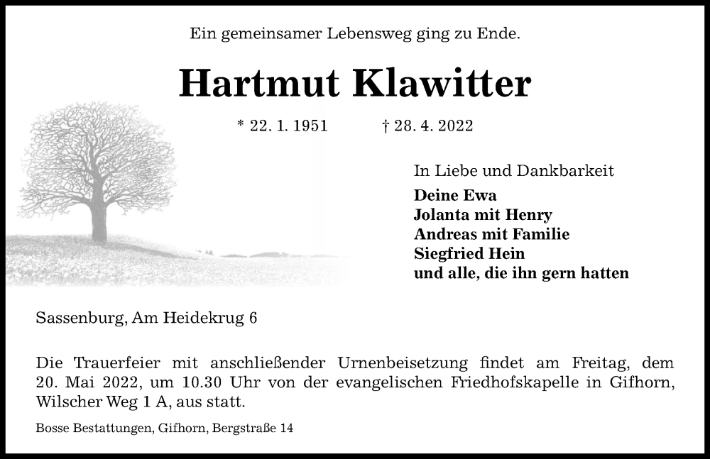  Traueranzeige für Hartmut Klawitter vom 17.05.2022 aus Aller Zeitung