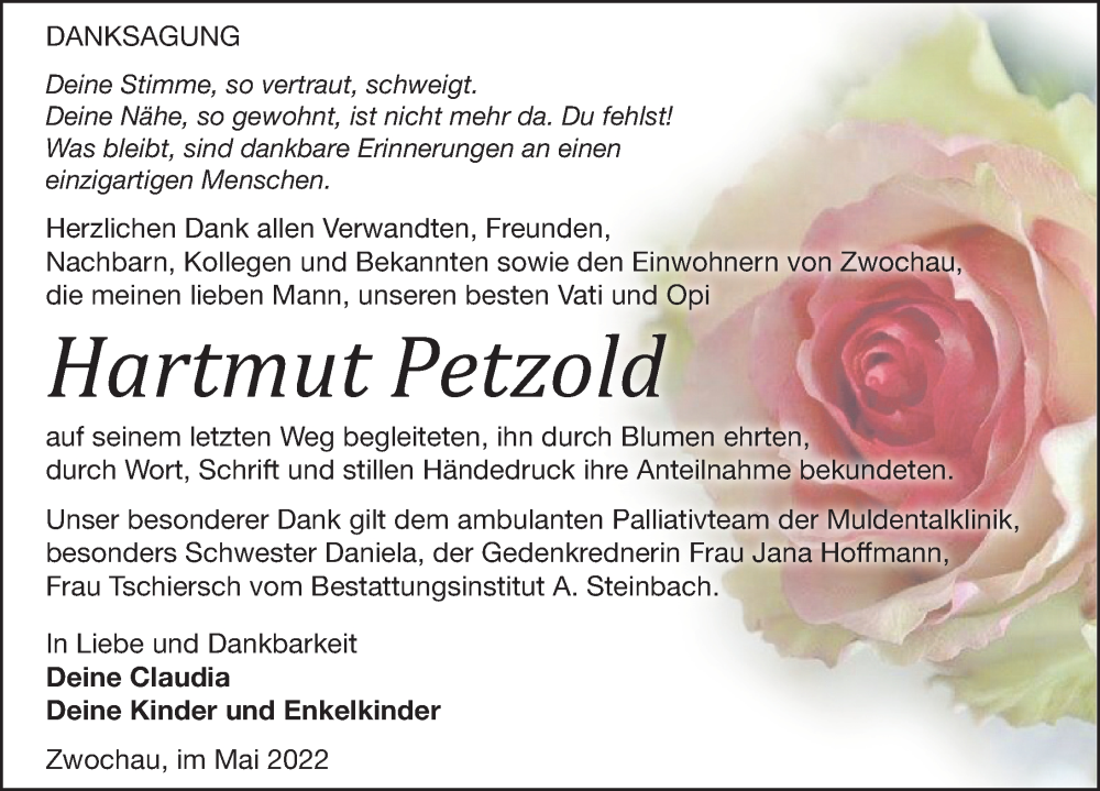  Traueranzeige für Hartmut Petzold vom 28.05.2022 aus Leipziger Volkszeitung