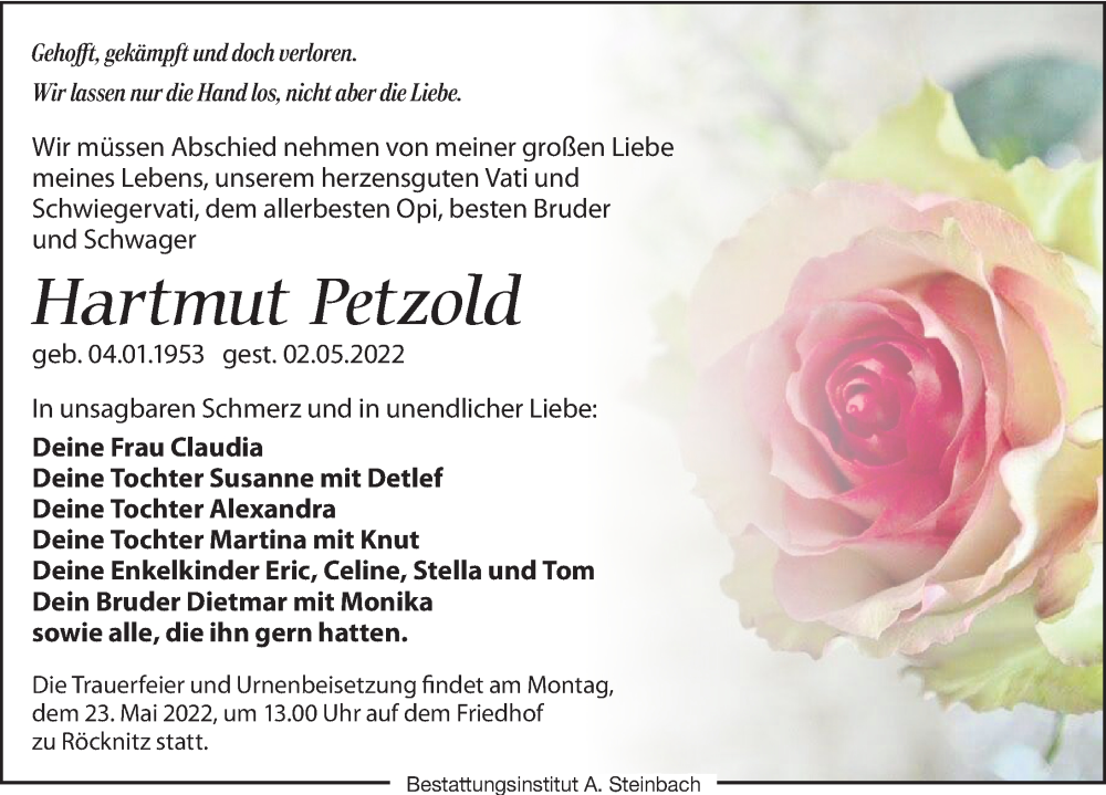  Traueranzeige für Hartmut Petzold vom 07.05.2022 aus Leipziger Volkszeitung