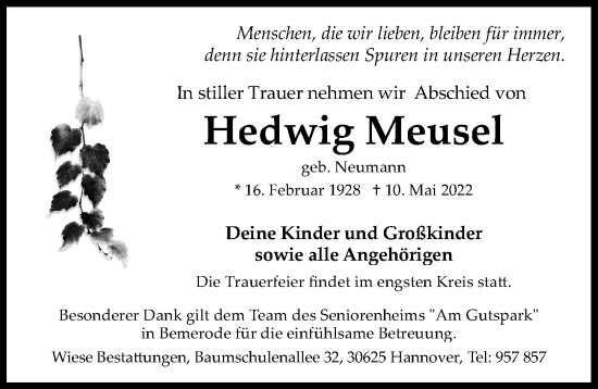 Traueranzeige von Hedwig Meusel von Hannoversche Allgemeine Zeitung/Neue Presse