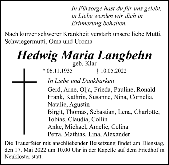 Traueranzeige von Hedwig Maria Langbehn von Ostsee-Zeitung GmbH
