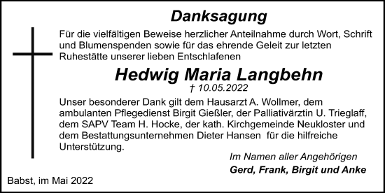 Traueranzeige von Hedwig Maria Langbehn von Ostsee-Zeitung GmbH
