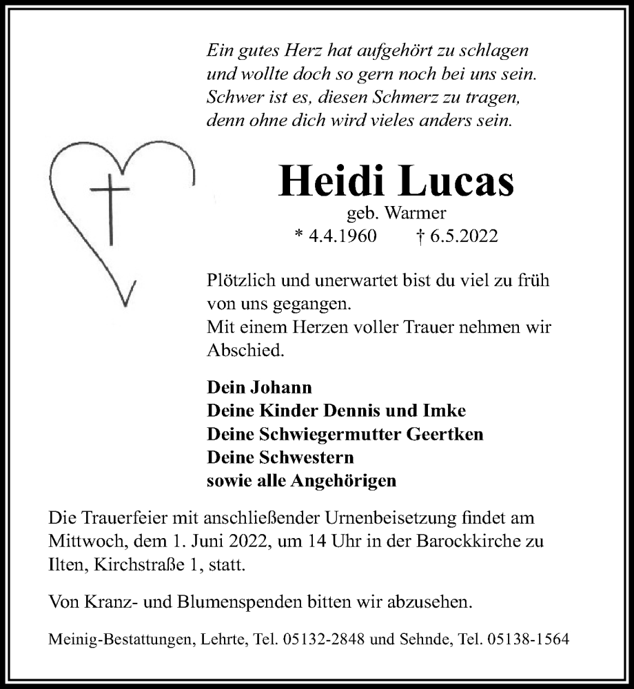  Traueranzeige für Heidi Lucas vom 21.05.2022 aus Hannoversche Allgemeine Zeitung/Neue Presse