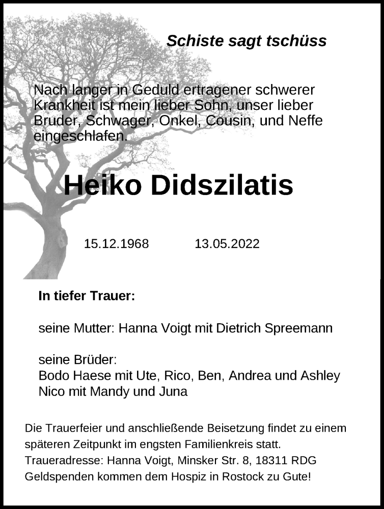  Traueranzeige für Heiko Didszilatis vom 21.05.2022 aus Ostsee-Zeitung GmbH