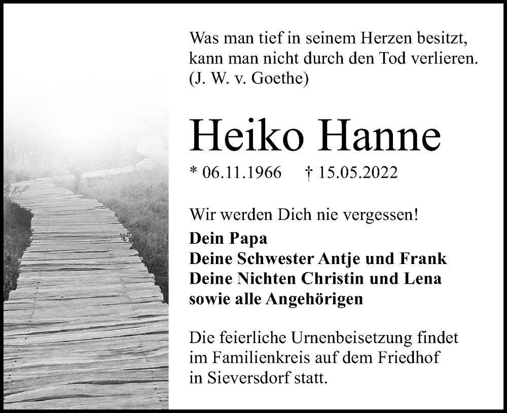  Traueranzeige für Heiko Hanne vom 21.05.2022 aus Märkischen Allgemeine Zeitung