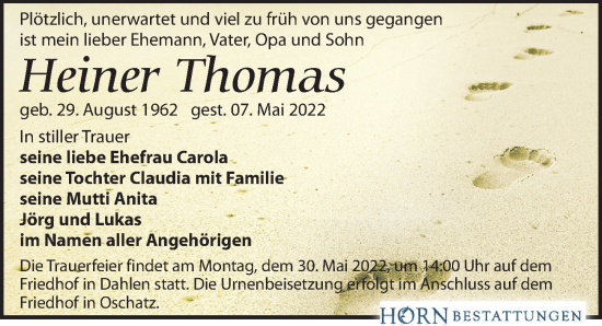 Traueranzeige von Heiner Thomas von Leipziger Volkszeitung