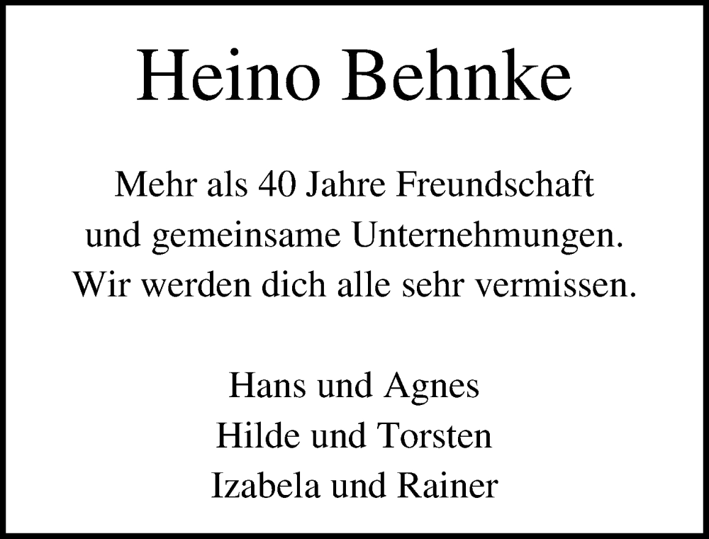  Traueranzeige für Heino Behnke vom 26.05.2022 aus Lübecker Nachrichten
