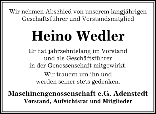 Traueranzeige von Heino Wedler von Peiner Allgemeine Zeitung