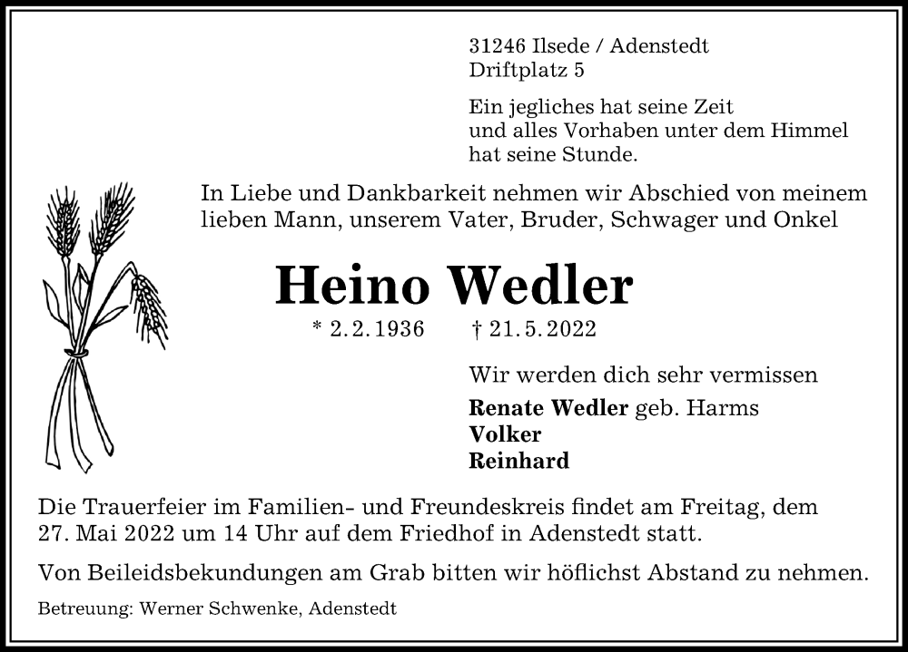  Traueranzeige für Heino Wedler vom 24.05.2022 aus Peiner Allgemeine Zeitung