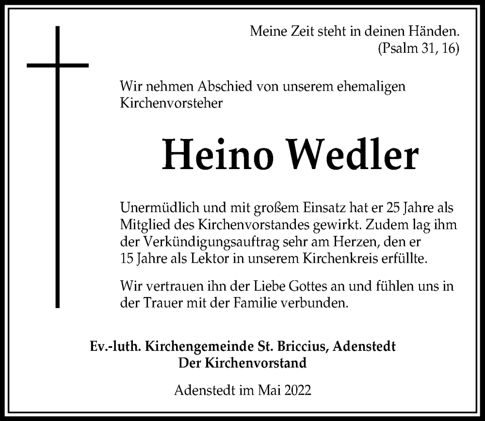  Traueranzeige für Heino Wedler vom 27.05.2022 aus Peiner Allgemeine Zeitung