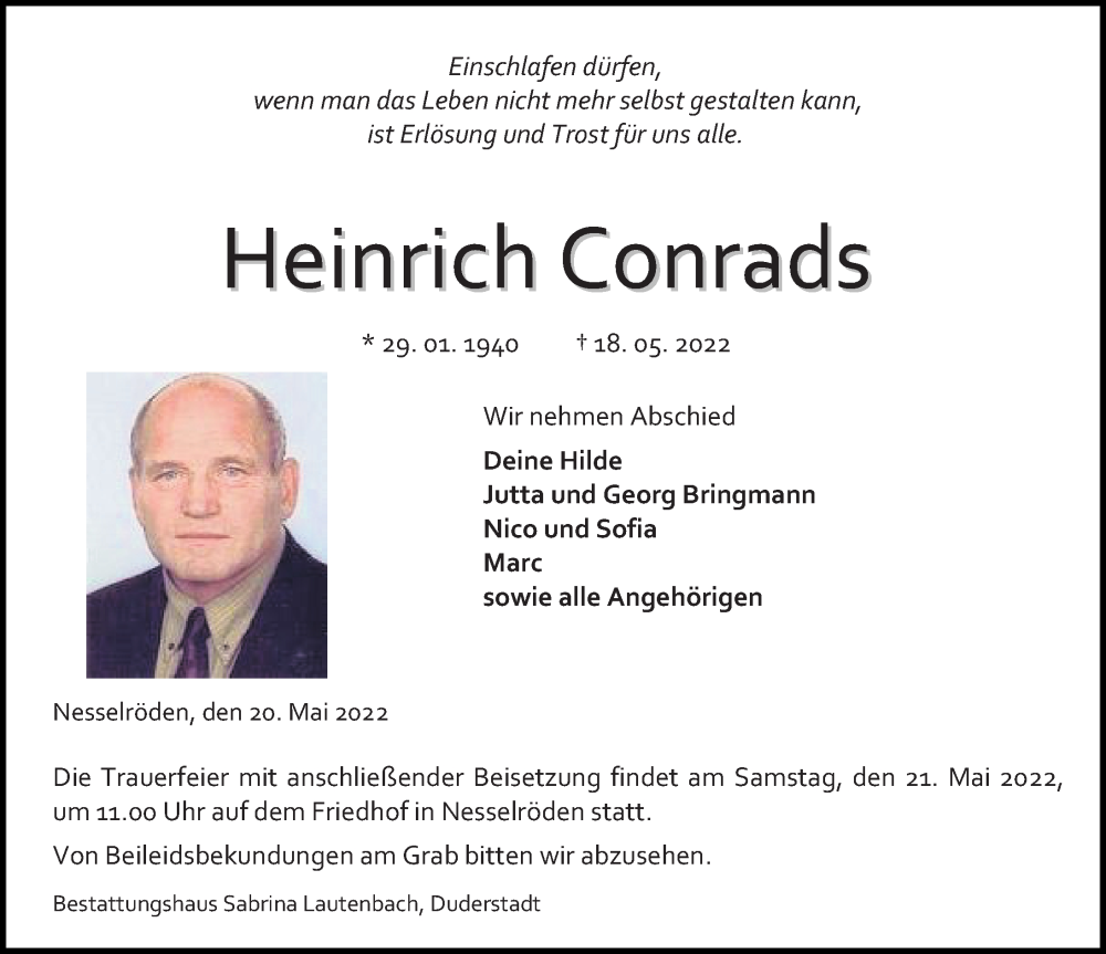  Traueranzeige für Heinrich Conrads vom 20.05.2022 aus Göttinger Tageblatt