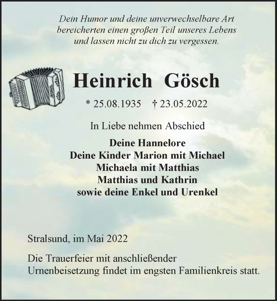  Traueranzeige für Heinrich Gösch vom 28.05.2022 aus Ostsee-Zeitung GmbH