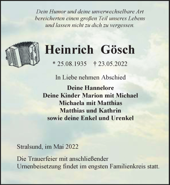 Traueranzeige von Heinrich Gösch von Ostsee-Zeitung GmbH