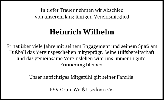 Traueranzeige von Heinrich Wilhelm von Ostsee-Zeitung GmbH