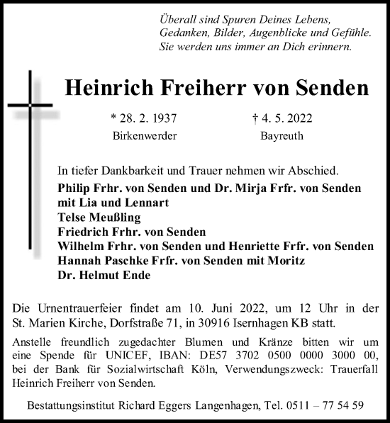Traueranzeige von Heinrich Freiherr von Senden von Hannoversche Allgemeine Zeitung/Neue Presse