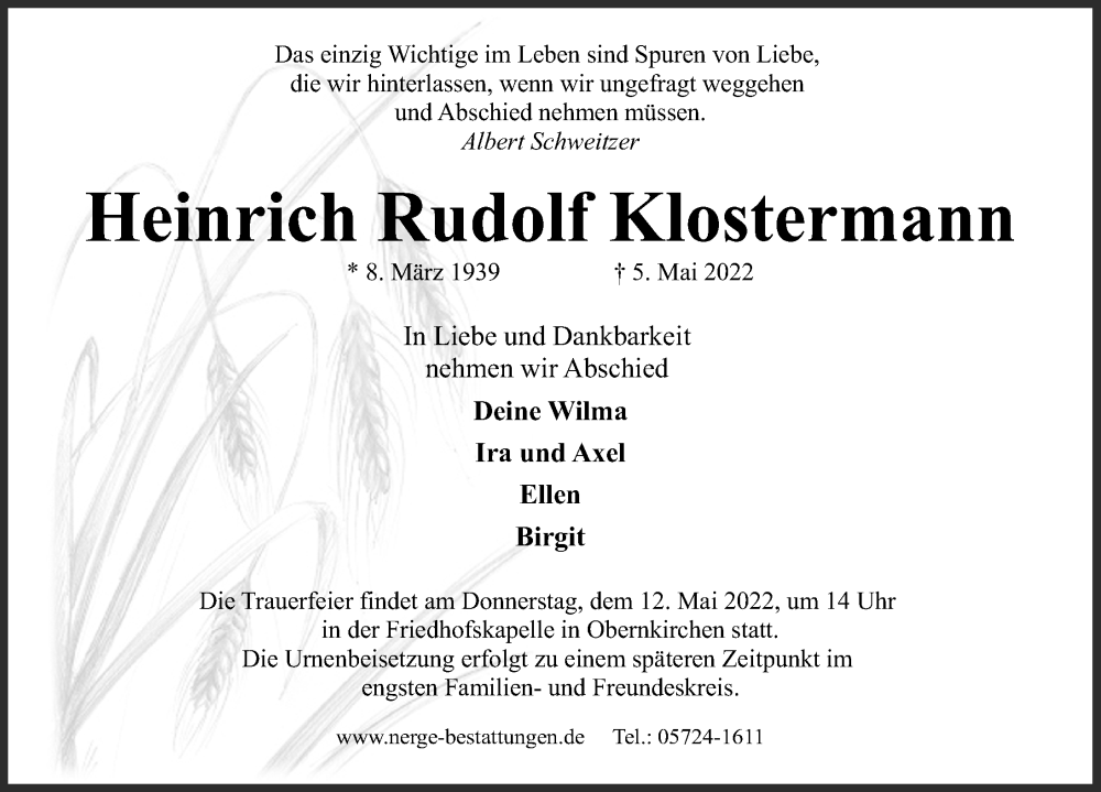  Traueranzeige für Heinrich Rudolf Klostermann vom 10.05.2022 aus Schaumburger Nachrichten
