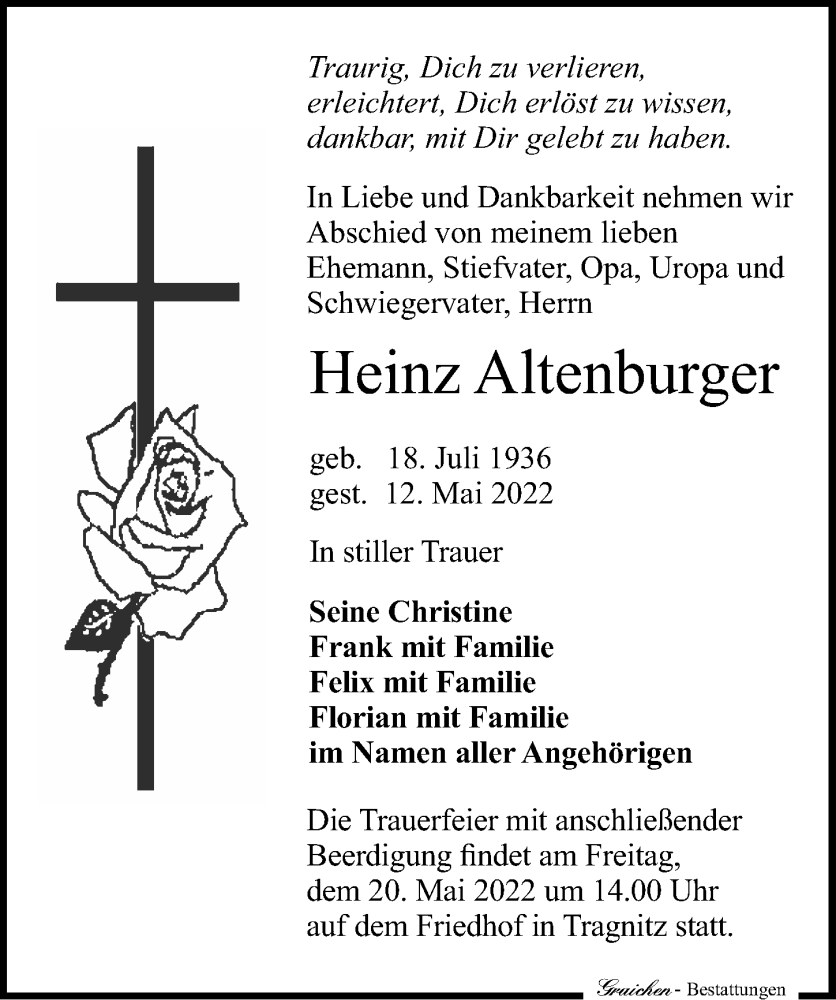  Traueranzeige für Heinz Altenburger vom 17.05.2022 aus Leipziger Volkszeitung