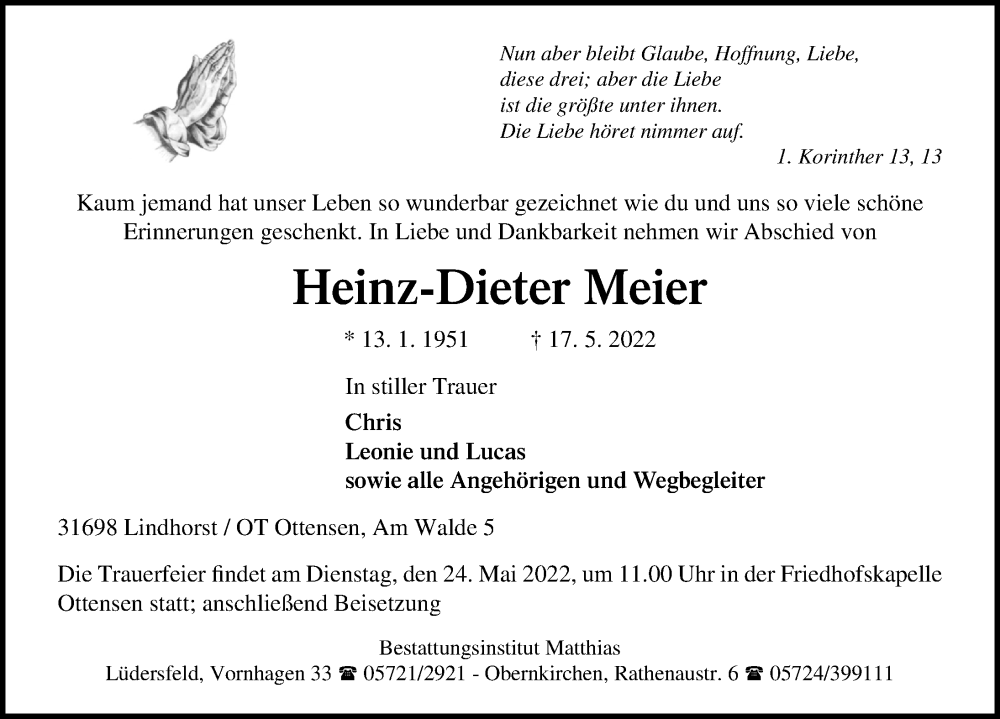  Traueranzeige für Heinz-Dieter Meier vom 21.05.2022 aus Schaumburger Nachrichten