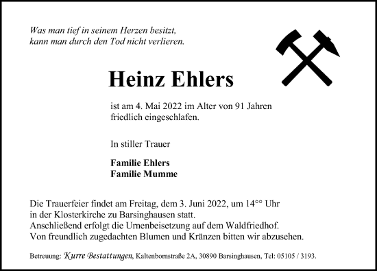 Traueranzeige von Heinz Ehlers von Hannoversche Allgemeine Zeitung/Neue Presse