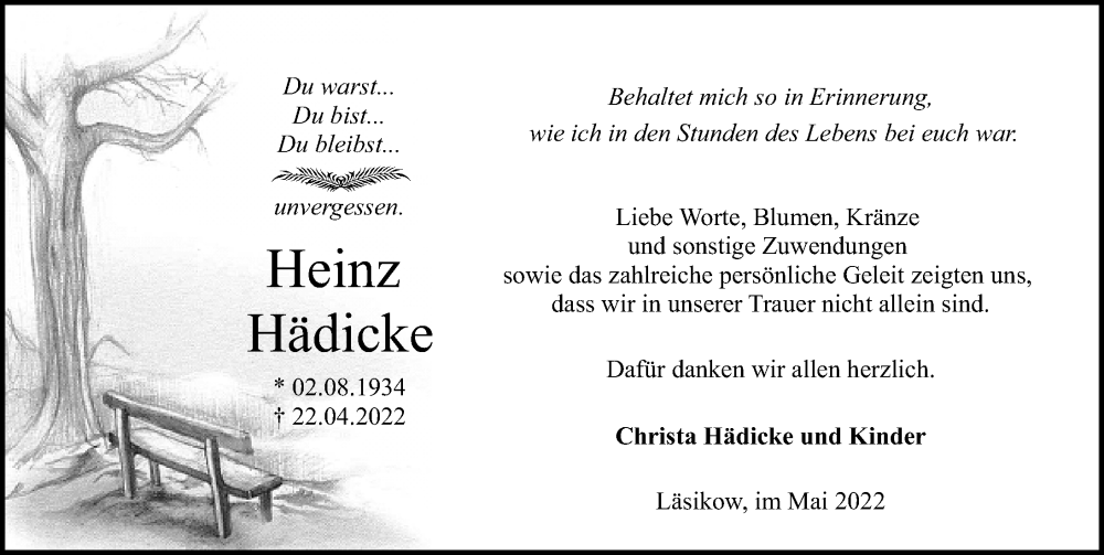 Traueranzeige für Heinz Hädicke vom 28.05.2022 aus Märkischen Allgemeine Zeitung