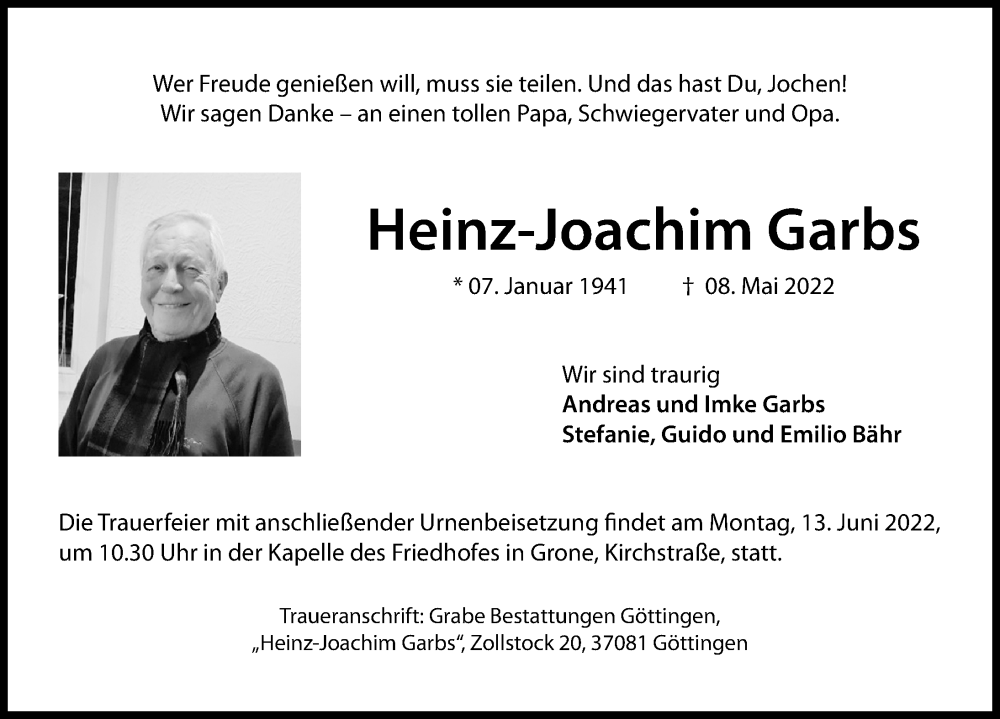  Traueranzeige für Heinz-Joachim Garbs vom 14.05.2022 aus Göttinger Tageblatt